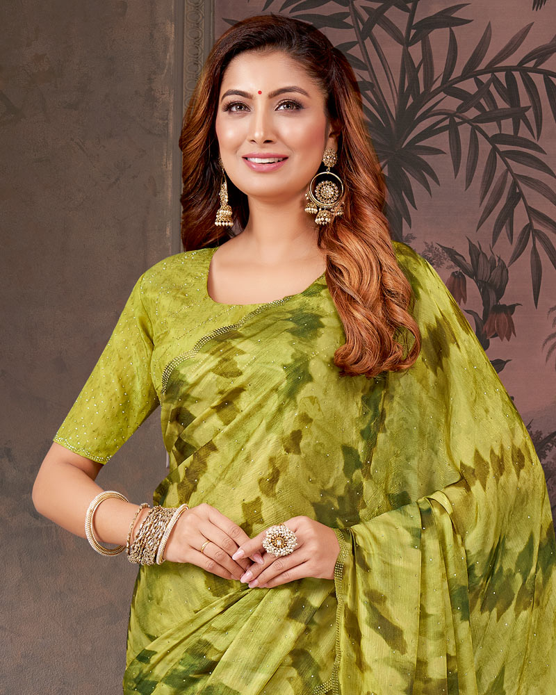 Vishal Prints Light Olive Yellow Designer Chiffon-Satin Digital Print Saree With Diamond Work And Cut Work Border