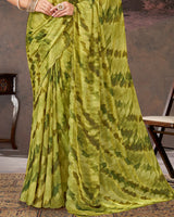 Vishal Prints Light Olive Yellow Designer Chiffon-Satin Digital Print Saree With Diamond Work And Cut Work Border