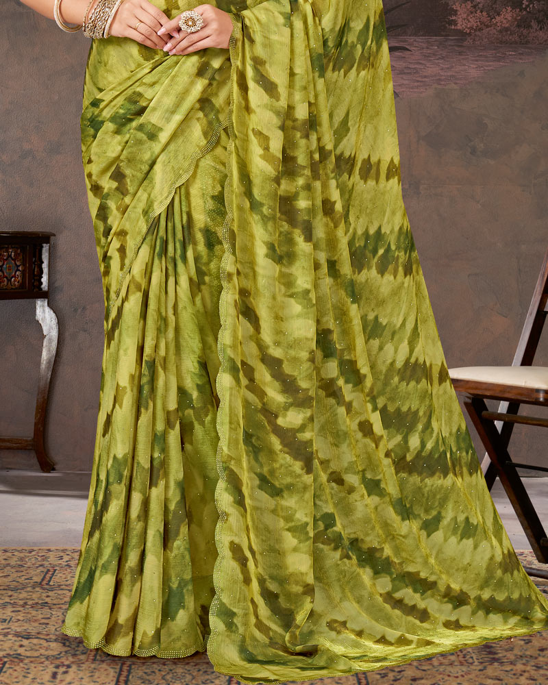 Vishal Prints Light Olive Yellow Designer Chiffon-Satin Digital Print Saree With Diamond Work And Cut Work Border