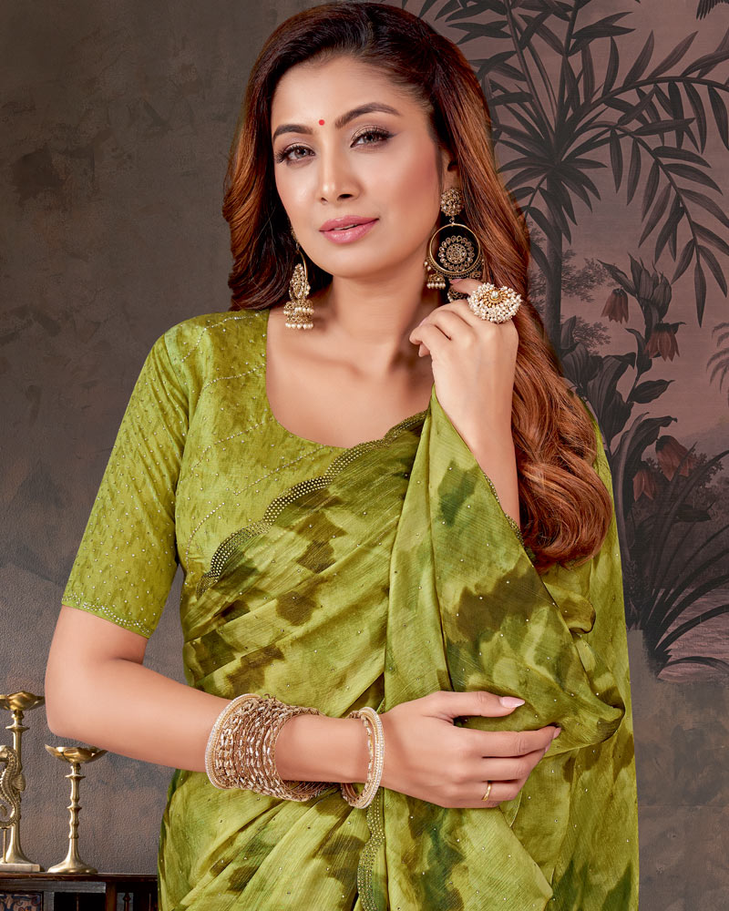 Vishal Prints Light Olive Yellow Designer Chiffon-Satin Digital Print Saree With Diamond Work And Cut Work Border