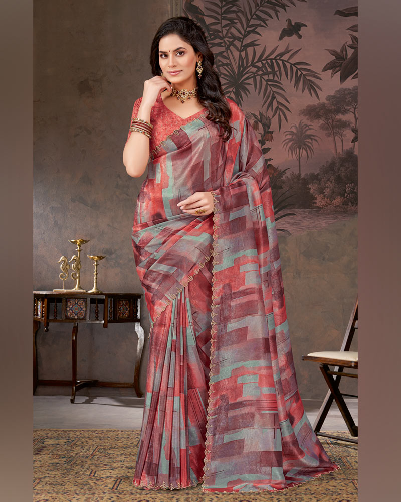 Vishal Prints Purplish Brown And Pastel Red Designer Fancy Chiffon Digital Print Saree With Diamond Work And Cut Work Border