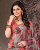 Vishal Prints Purplish Brown And Pastel Red Designer Fancy Chiffon Digital Print Saree With Diamond Work And Cut Work Border