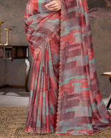 Vishal Prints Purplish Brown And Pastel Red Designer Fancy Chiffon Digital Print Saree With Diamond Work And Cut Work Border