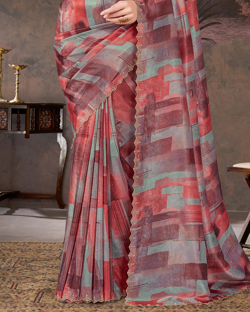 Vishal Prints Purplish Brown And Pastel Red Designer Fancy Chiffon Digital Print Saree With Diamond Work And Cut Work Border