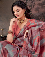 Vishal Prints Purplish Brown And Pastel Red Designer Fancy Chiffon Digital Print Saree With Diamond Work And Cut Work Border