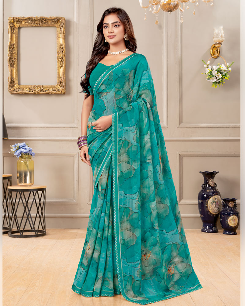 Vishal Prints Persian Green Digital Print Patterned Georgette Saree With Fancy Border