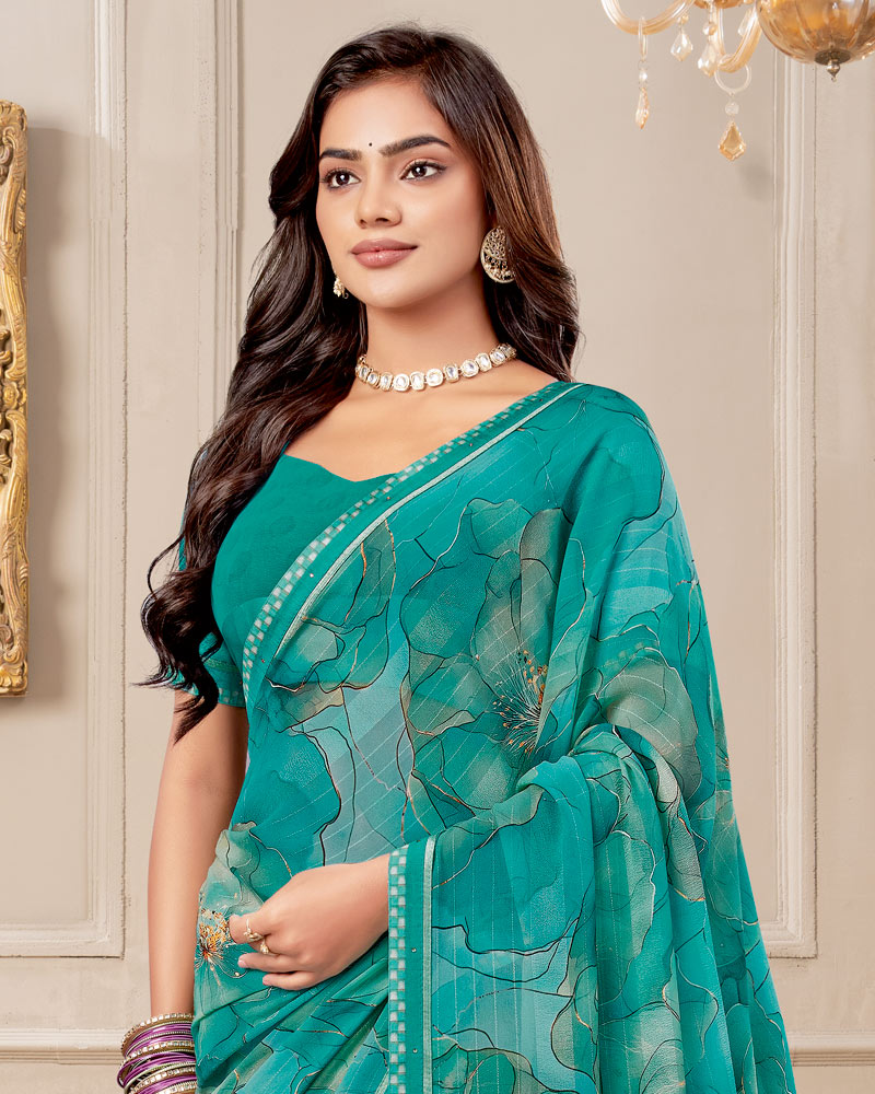 Vishal Prints Persian Green Digital Print Patterned Georgette Saree With Fancy Border