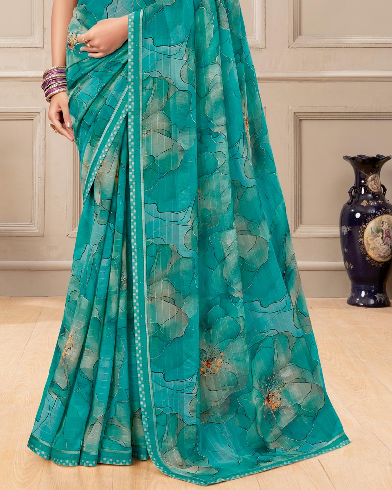 Vishal Prints Persian Green Digital Print Patterned Georgette Saree With Fancy Border