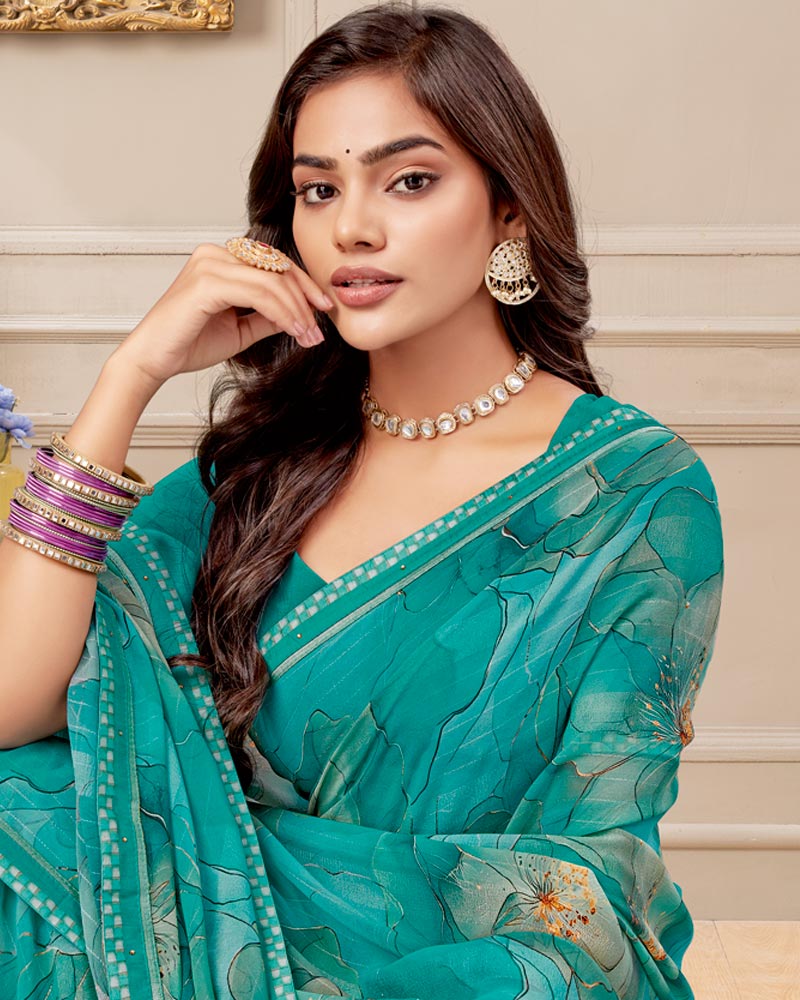 Vishal Prints Persian Green Digital Print Patterned Georgette Saree With Fancy Border
