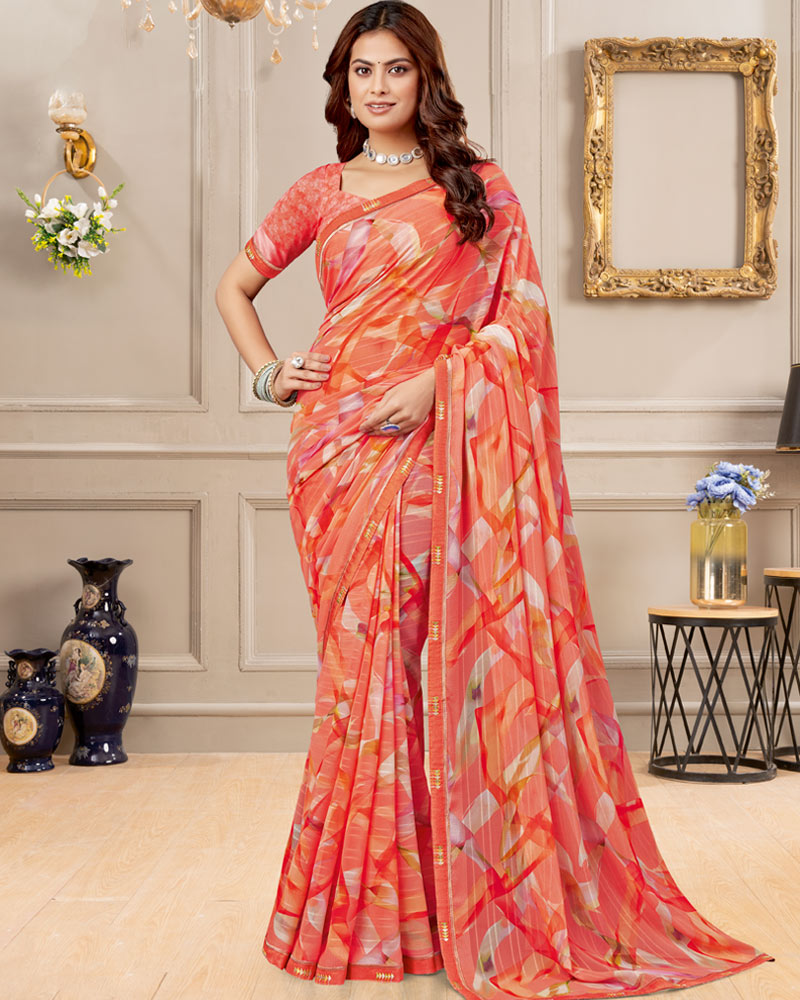 Vishal Prints Coral Pink Digital Print Patterned Georgette Saree With Fancy Border