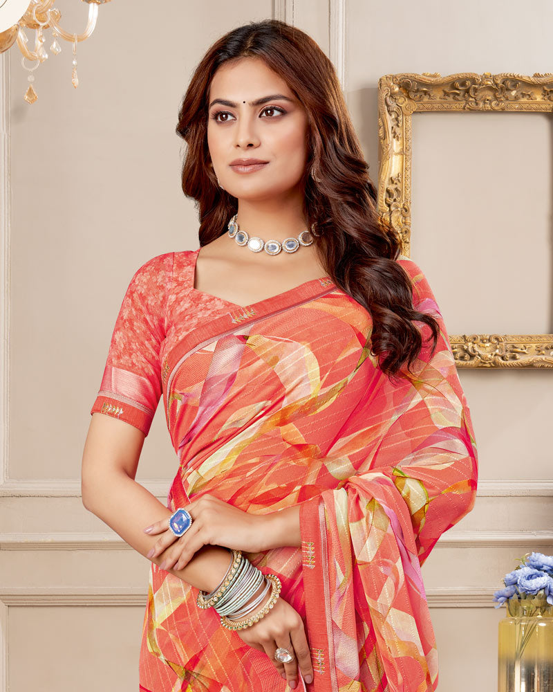 Vishal Prints Coral Pink Digital Print Patterned Georgette Saree With Fancy Border