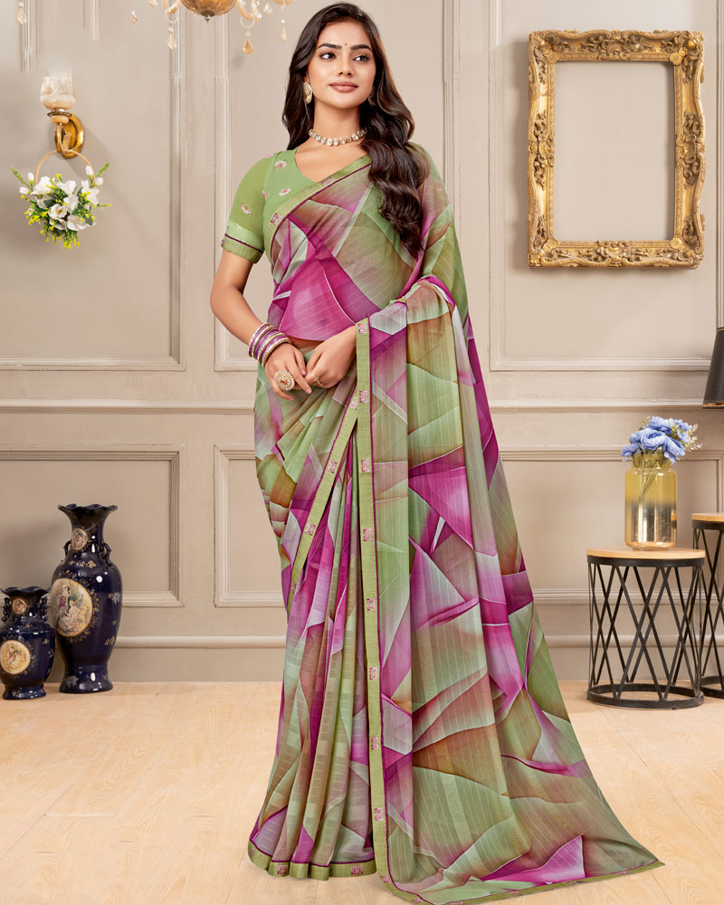 Vishal Prints Khaki Green Digital Print Patterned Georgette Saree With Fancy Border