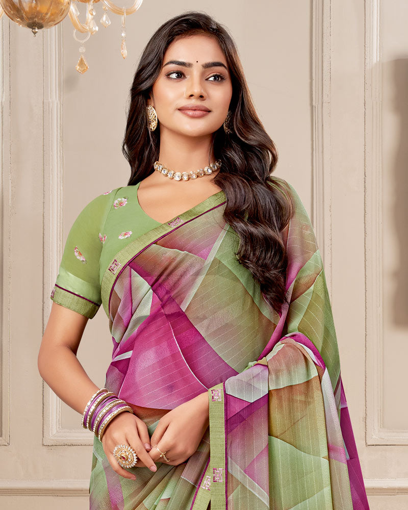 Vishal Prints Khaki Green Digital Print Patterned Georgette Saree With Fancy Border