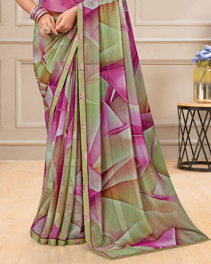 Vishal Prints Khaki Green Digital Print Patterned Georgette Saree With Fancy Border