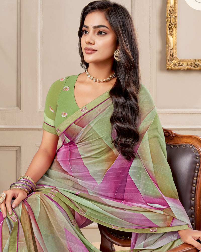 Vishal Prints Khaki Green Digital Print Patterned Georgette Saree With Fancy Border