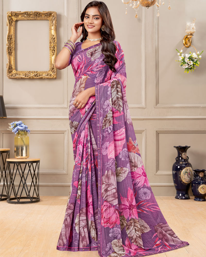 Vishal Prints Dusty Purple Digital Print Patterned Georgette Saree With Fancy Border