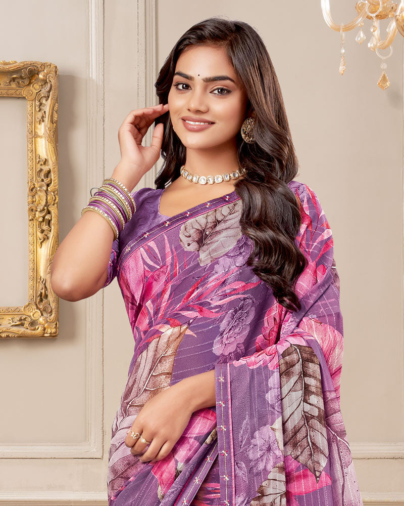 Vishal Prints Dusty Purple Digital Print Patterned Georgette Saree With Fancy Border