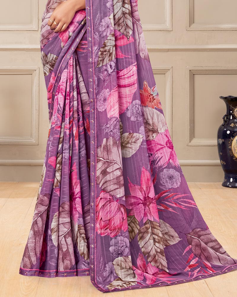 Vishal Prints Dusty Purple Digital Print Patterned Georgette Saree With Fancy Border