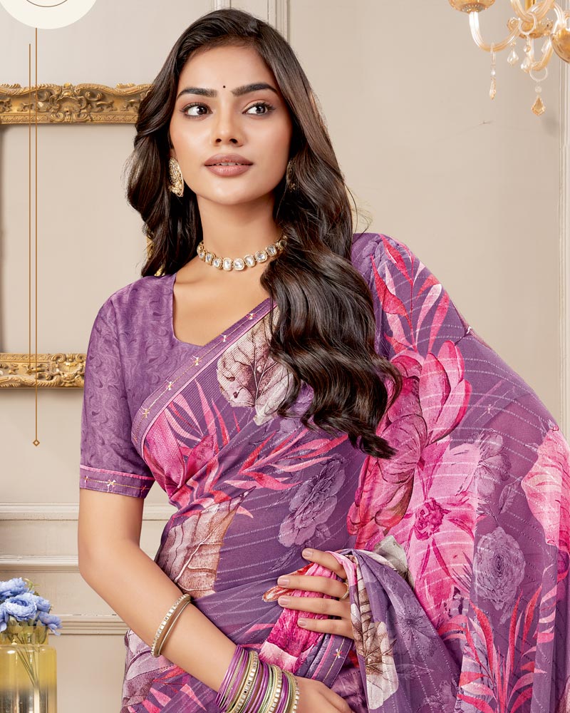 Vishal Prints Dusty Purple Digital Print Patterned Georgette Saree With Fancy Border