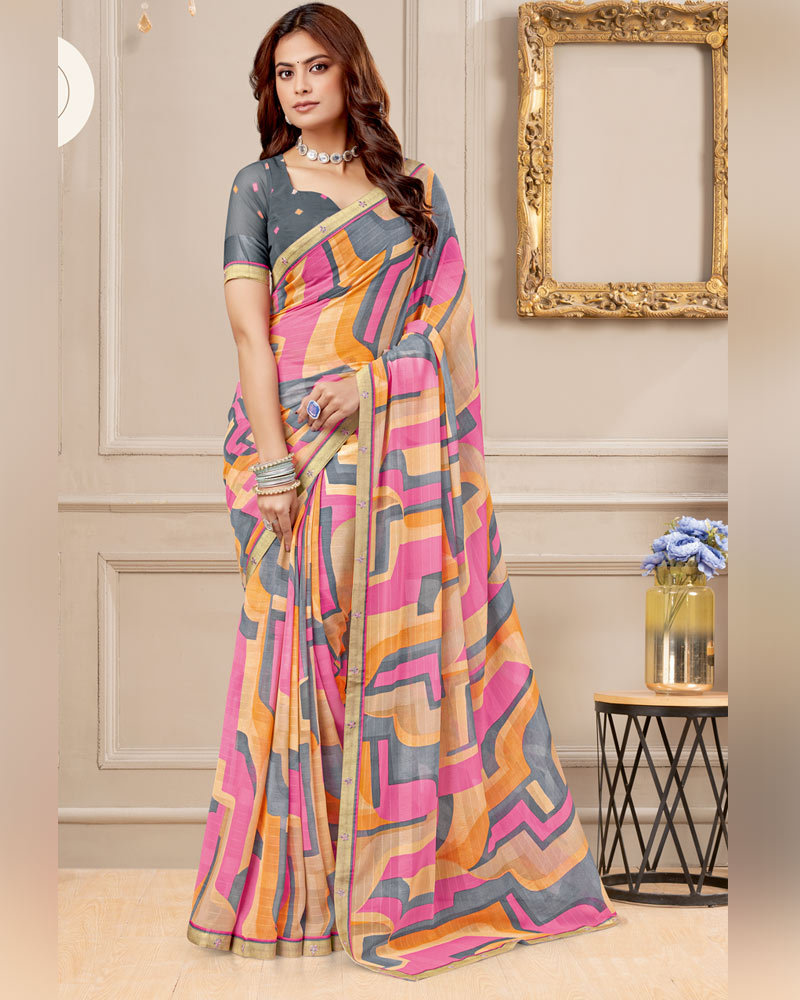 Vishal Prints Rose Pink And Peach Digital Print Patterned Georgette Saree With Fancy Border