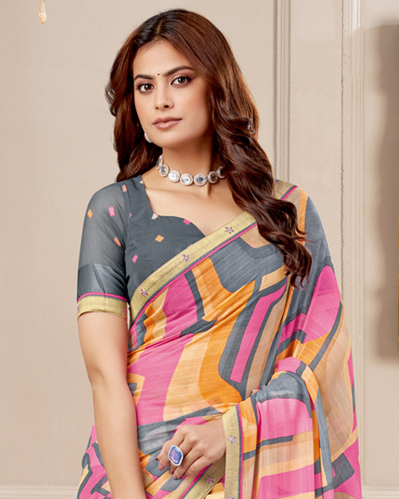 Vishal Prints Rose Pink And Peach Digital Print Patterned Georgette Saree With Fancy Border
