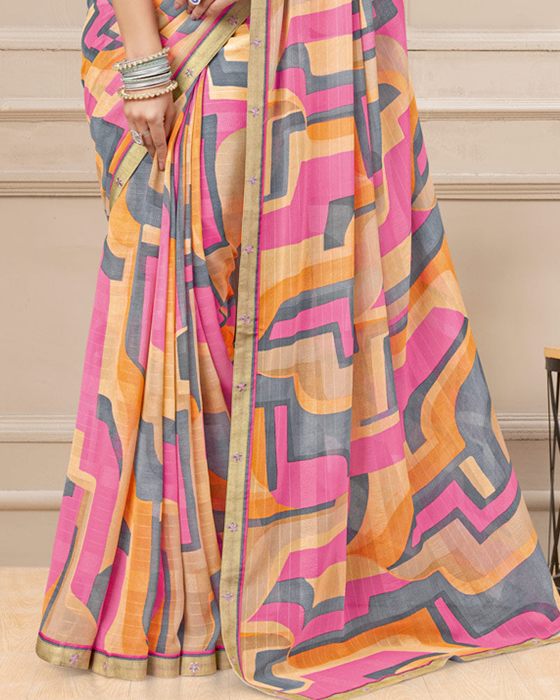 Vishal Prints Rose Pink And Peach Digital Print Patterned Georgette Saree With Fancy Border
