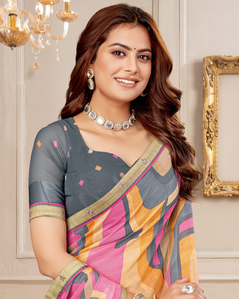 Vishal Prints Rose Pink And Peach Digital Print Patterned Georgette Saree With Fancy Border