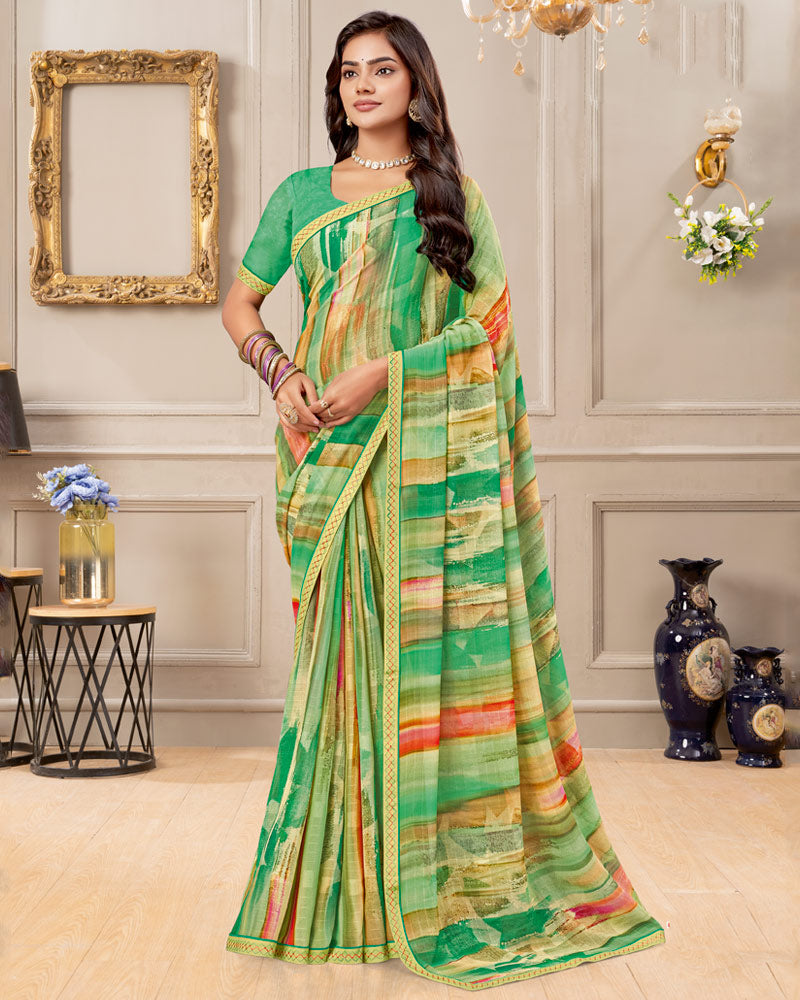 Vishal Prints Jade Green Digital Print Patterned Georgette Saree With Fancy Border