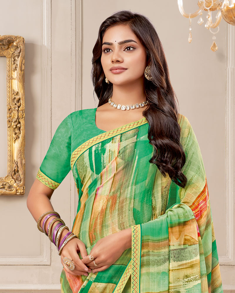 Vishal Prints Jade Green Digital Print Patterned Georgette Saree With Fancy Border