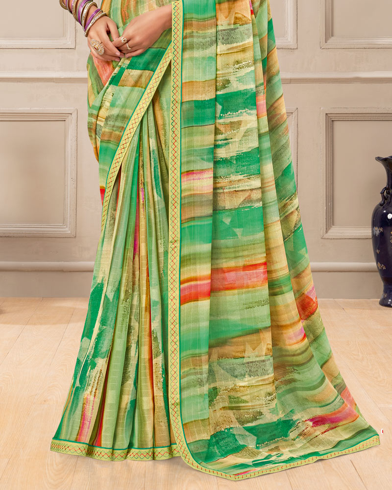 Vishal Prints Jade Green Digital Print Patterned Georgette Saree With Fancy Border