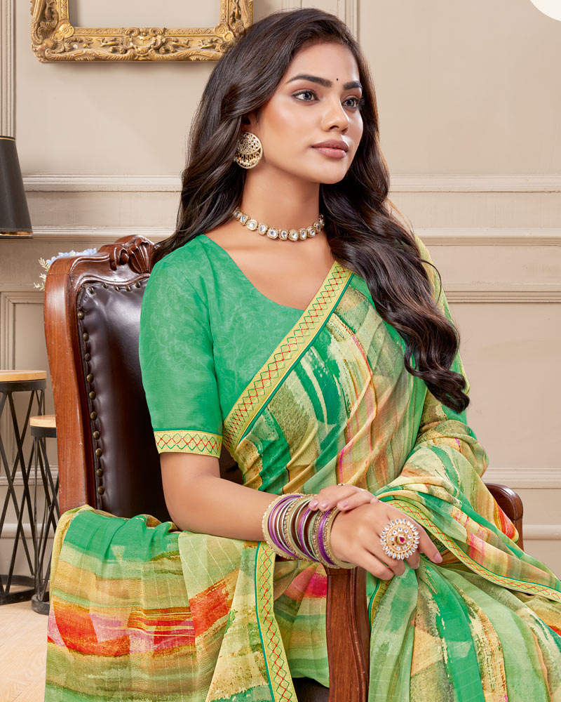 Vishal Prints Jade Green Digital Print Patterned Georgette Saree With Fancy Border