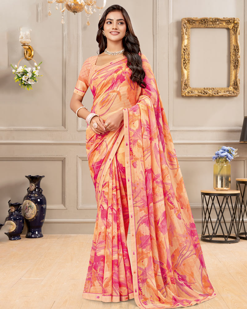 Vishal Prints Pale Salmon Orange Digital Print Patterned Georgette Saree With Fancy Border