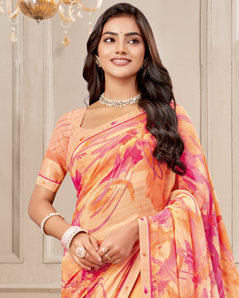 Vishal Prints Pale Salmon Orange Digital Print Patterned Georgette Saree With Fancy Border