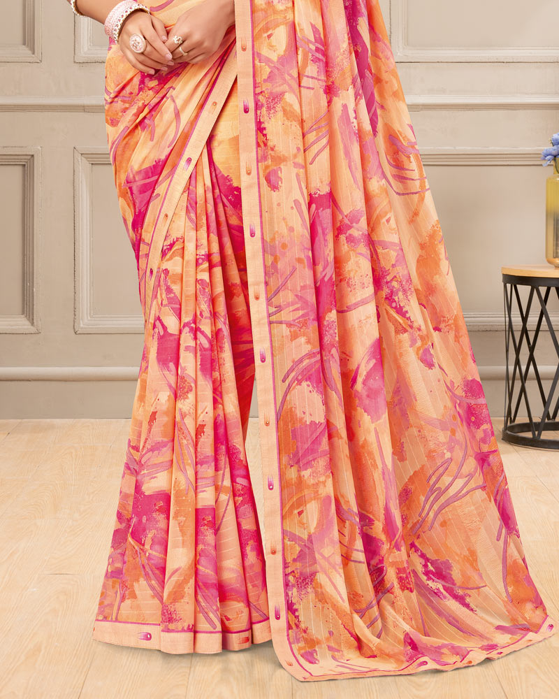 Vishal Prints Pale Salmon Orange Digital Print Patterned Georgette Saree With Fancy Border