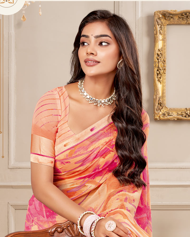 Vishal Prints Pale Salmon Orange Digital Print Patterned Georgette Saree With Fancy Border