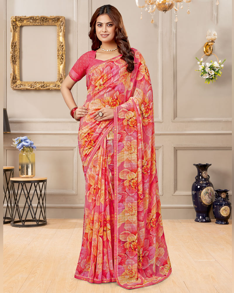 Vishal Prints Mandy Pink Digital Print Patterned Georgette Saree With Fancy Border
