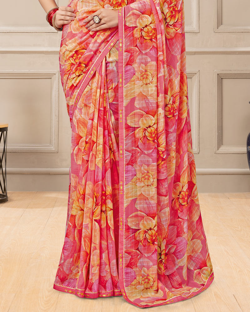 Vishal Prints Mandy Pink Digital Print Patterned Georgette Saree With Fancy Border