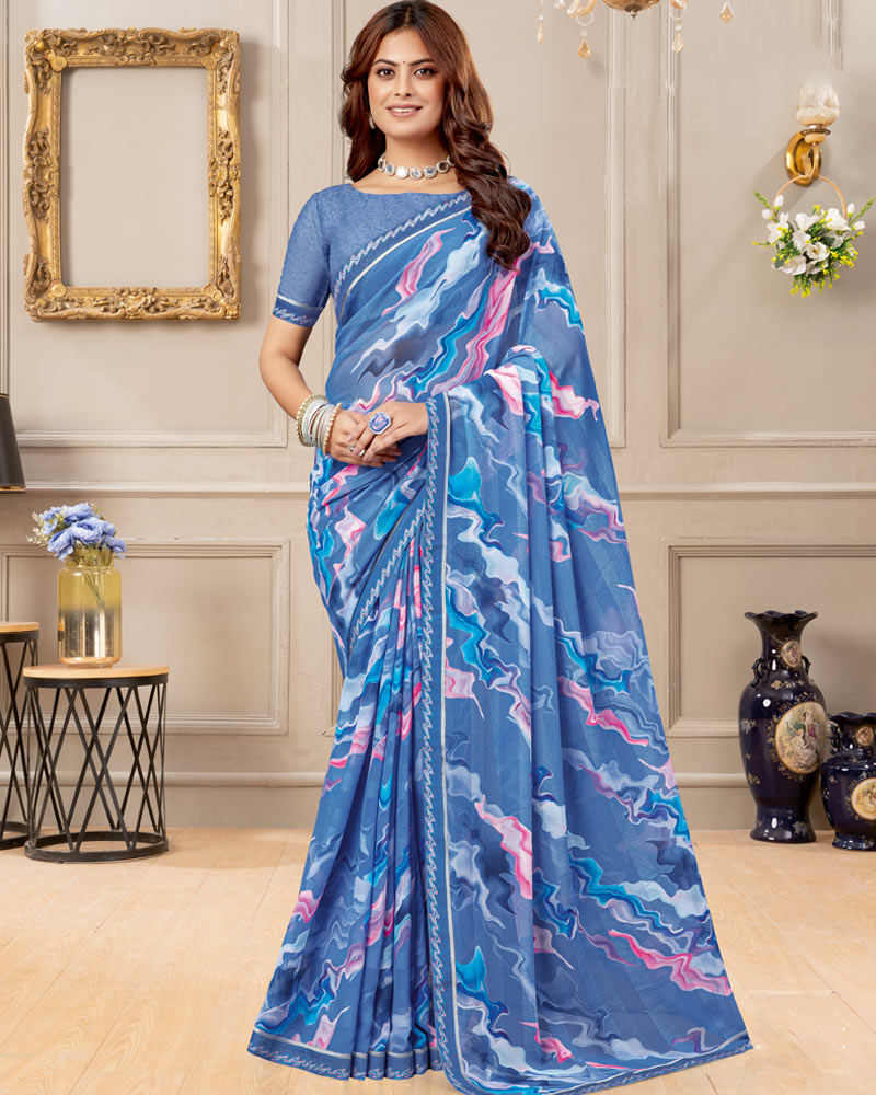 Vishal Prints Cool Blue Digital Print Patterned Georgette Saree With Fancy Border