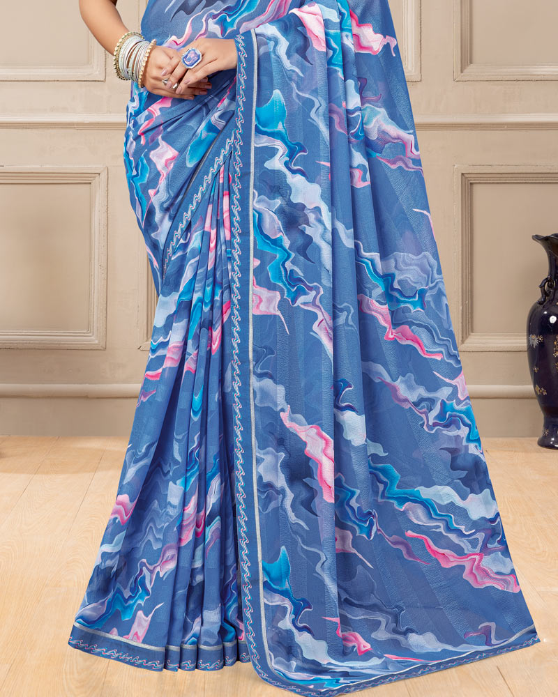 Vishal Prints Cool Blue Digital Print Patterned Georgette Saree With Fancy Border