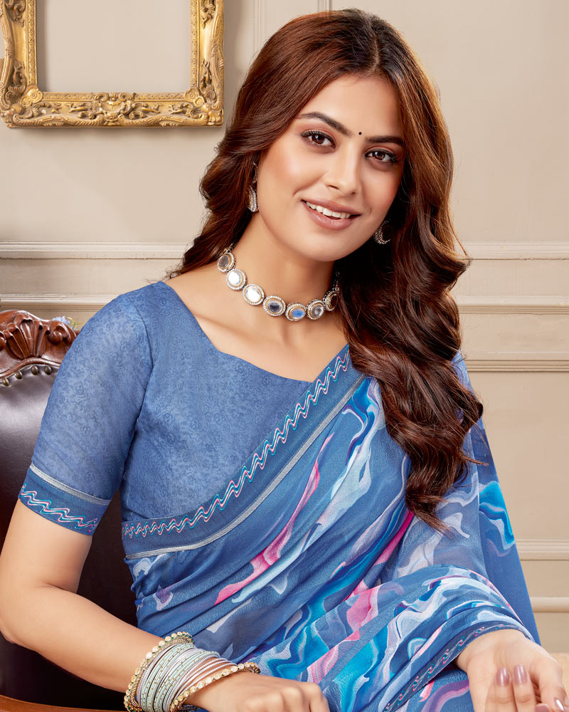 Vishal Prints Cool Blue Digital Print Patterned Georgette Saree With Fancy Border