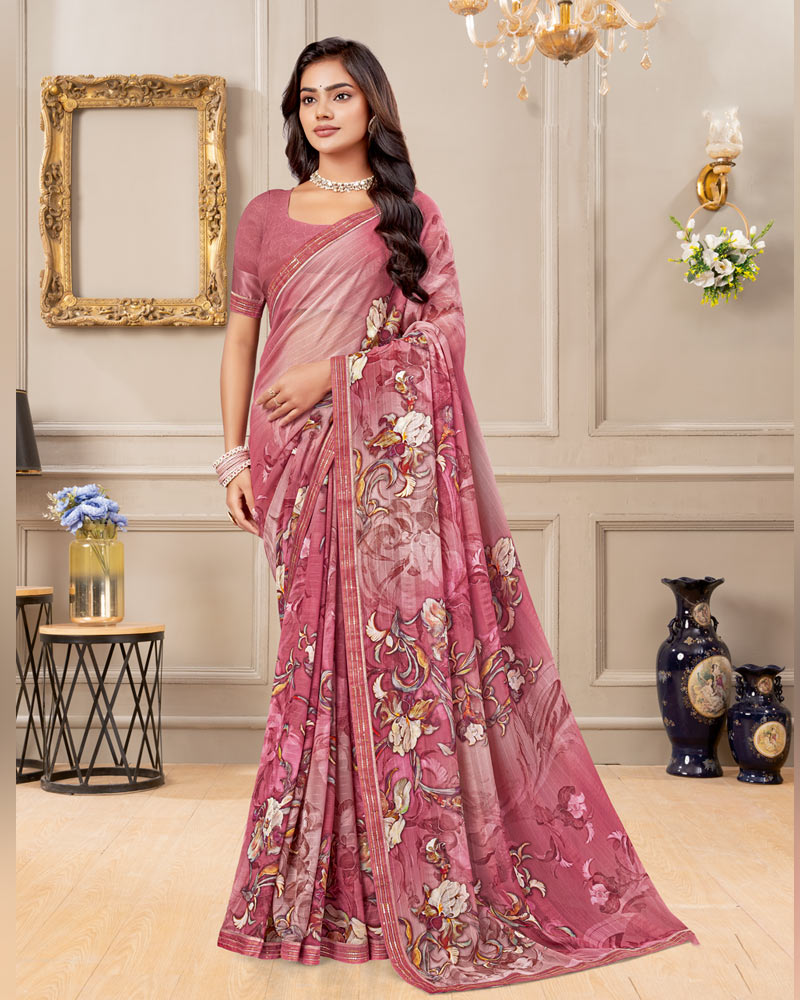 Vishal Prints Pale Dusty Red Digital Print Patterned Georgette Saree With Fancy Border