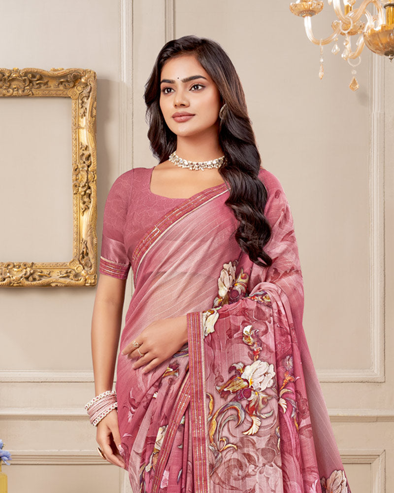 Vishal Prints Pale Dusty Red Digital Print Patterned Georgette Saree With Fancy Border