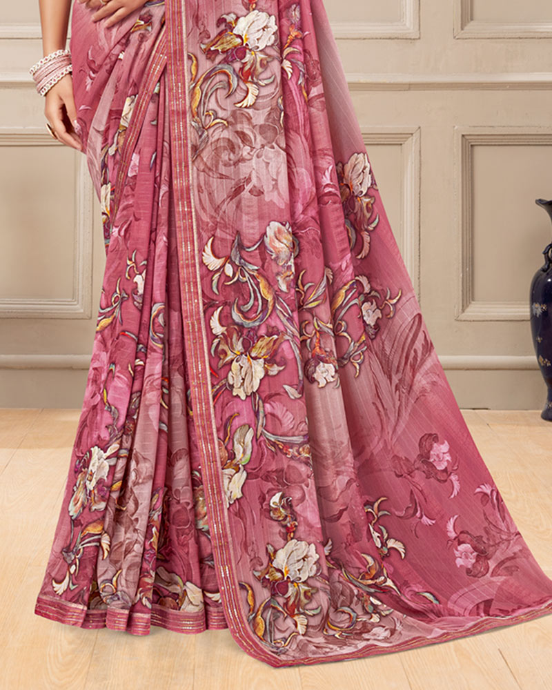 Vishal Prints Pale Dusty Red Digital Print Patterned Georgette Saree With Fancy Border