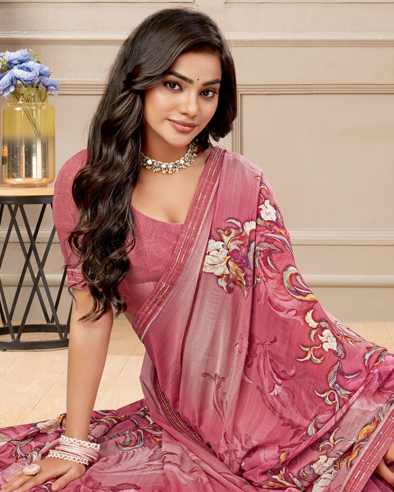 Vishal Prints Pale Dusty Red Digital Print Patterned Georgette Saree With Fancy Border