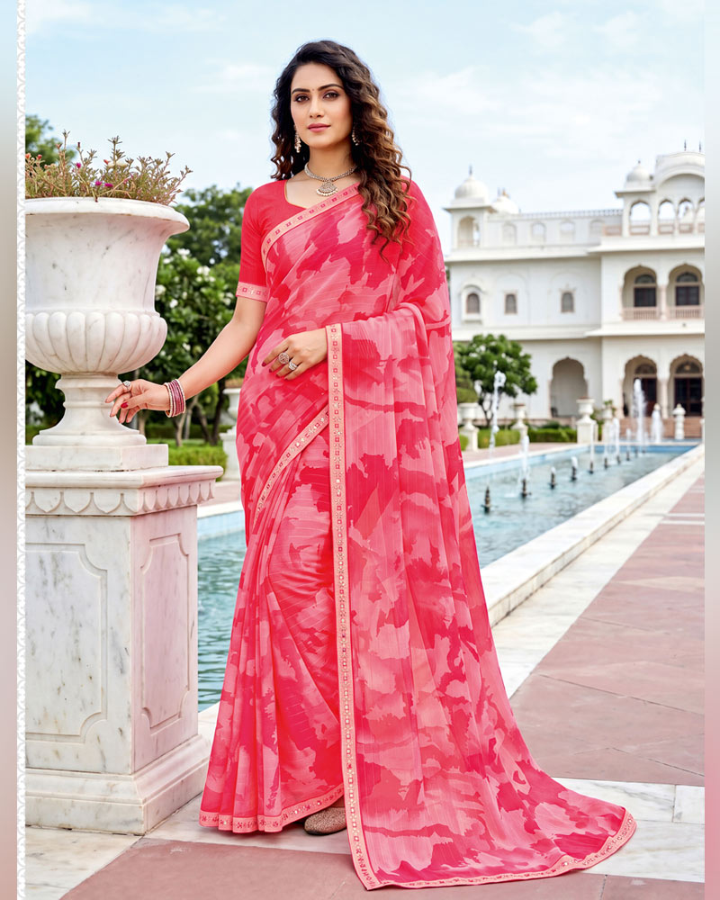 Vishal Prints Pink Fancy Chiffon Digital Print Saree With Embroidery Border