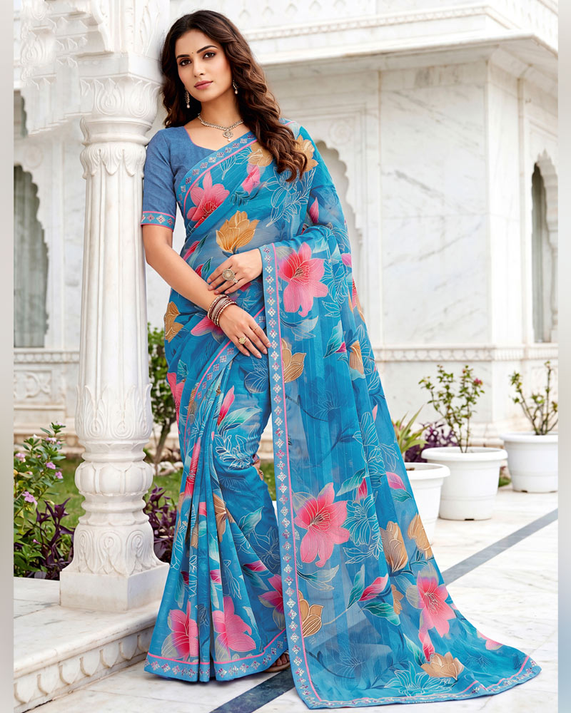 Vishal Prints Bright Blue Fancy Chiffon Digital Print Saree With Embroidery Border