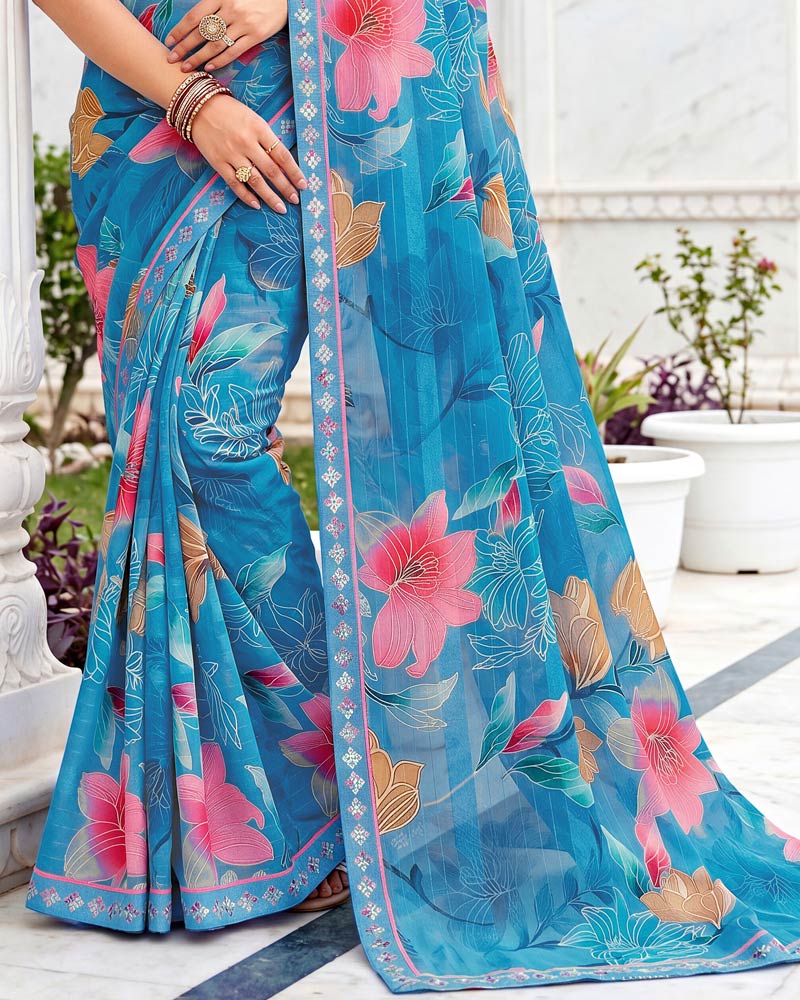 Vishal Prints Bright Blue Fancy Chiffon Digital Print Saree With Embroidery Border