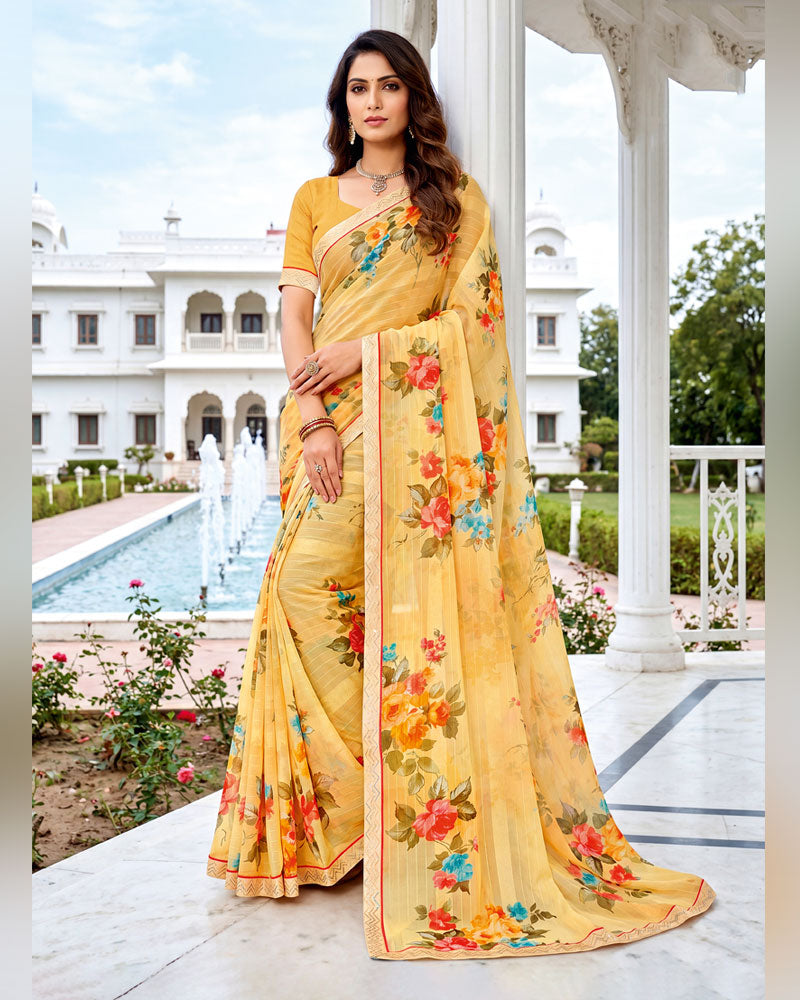 Vishal Prints Light Yellow Fancy Chiffon Digital Print Saree With Embroidery Border