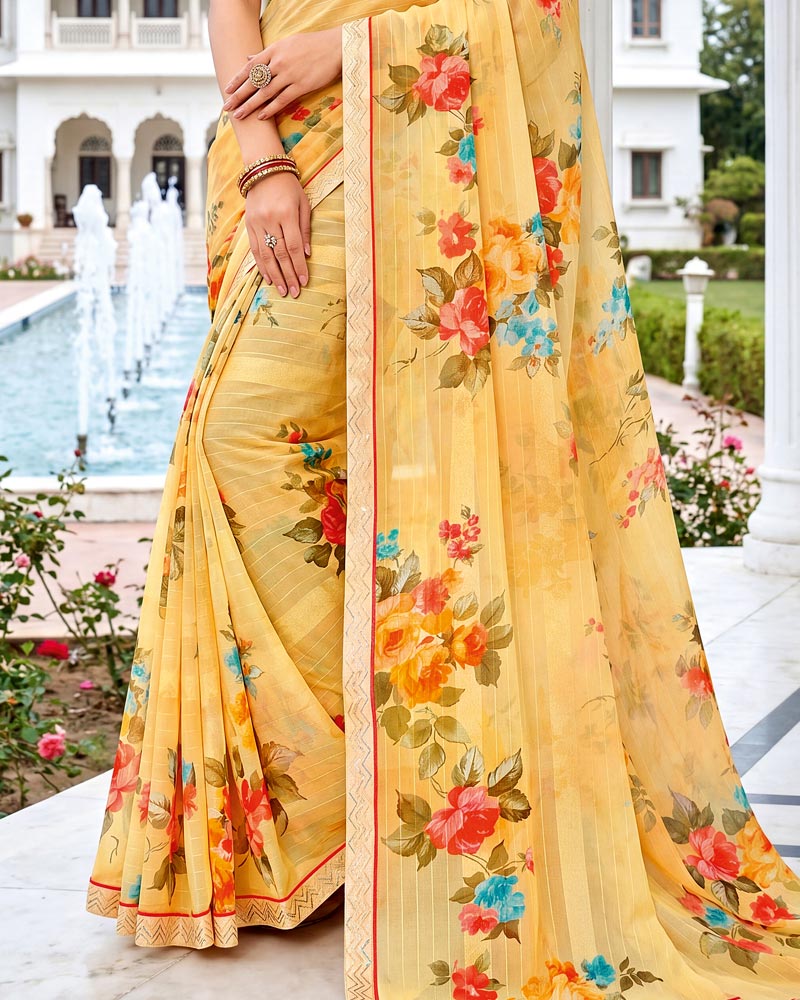 Vishal Prints Light Yellow Fancy Chiffon Digital Print Saree With Embroidery Border