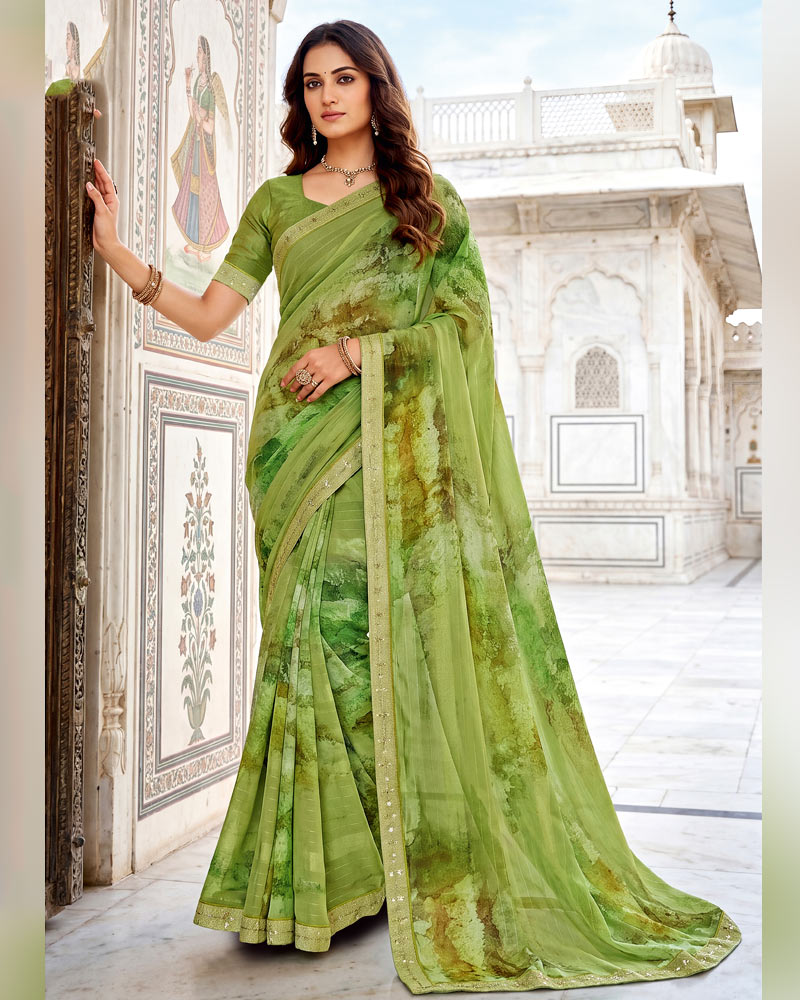 Vishal Prints Moss Green Fancy Chiffon Digital Print Saree With Embroidery Border